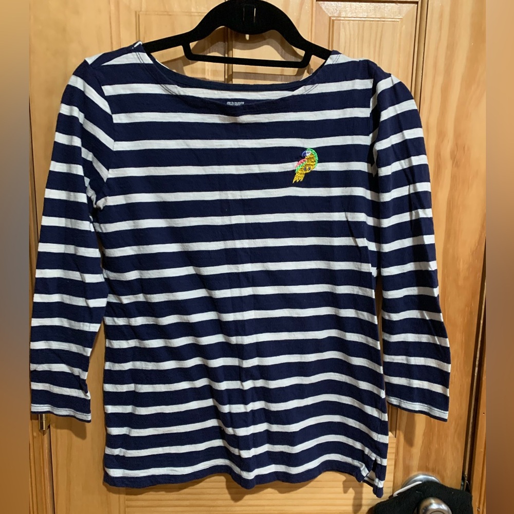 🖤5 for $20- Old Navy Top Womes xs Striped Bird Parrot Embroidered Tee 3/4 Sleeve